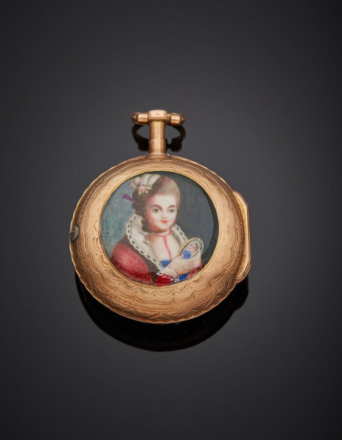LENOIR - MONTRE de COL en or rose (750‰) et argent (min. 800‰) ciselé, orné pie…