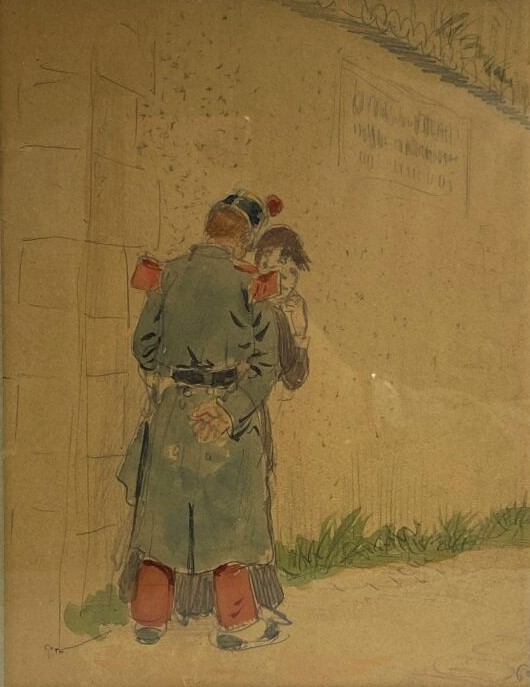 Léon Joseph VOIRIN (1833-1887) - Scène avec soldat - Crayon et aquarelle sur pa…