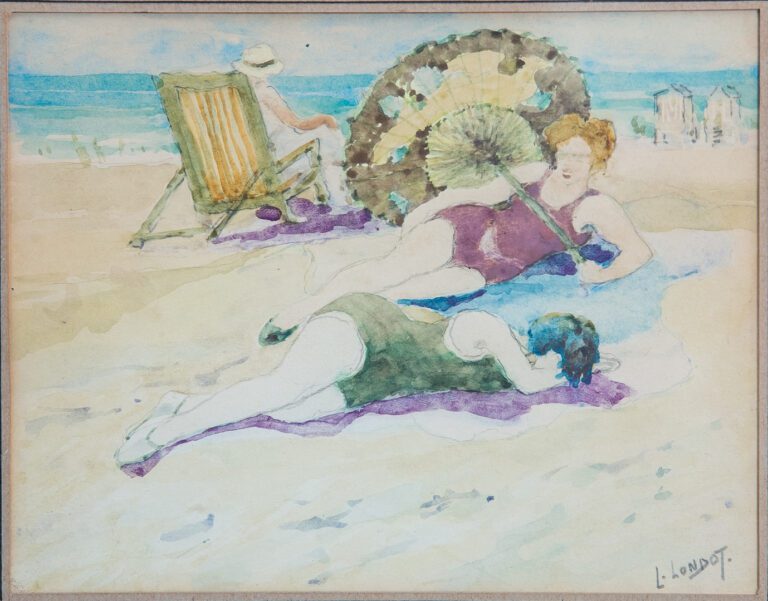 Léon LONDOT (1878-1953). - Femmes sur la plage - Dessin à l'aquarelle sur papie…