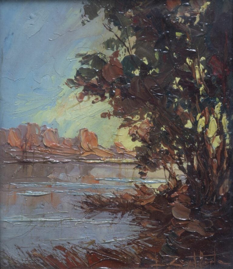 Léon ZEYTLINE (1885-1962) - Antibes, soleil couchant - Petite huile sur panneau…