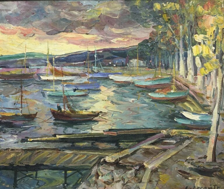 Léopold LECOMTE (1890-1963). - Port au soleil couchant - Huile sur toile, signé…