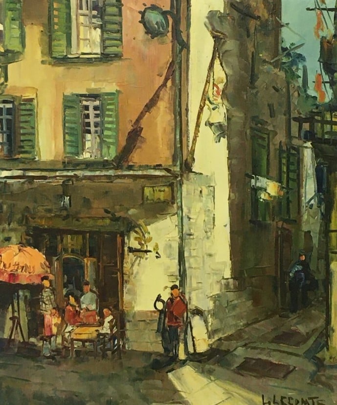 Léopold LECOMTE (1890-1963). - Terrasse au coin d'une rue - Huile sur toile, si…