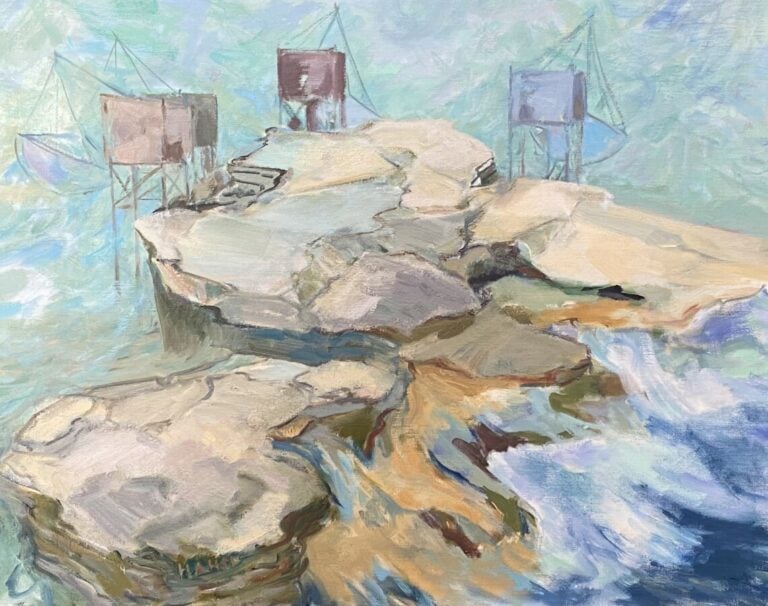 Les carrelets - Huile sur toile, signée en bas à gauche, titrée au dos - 65 x 8…