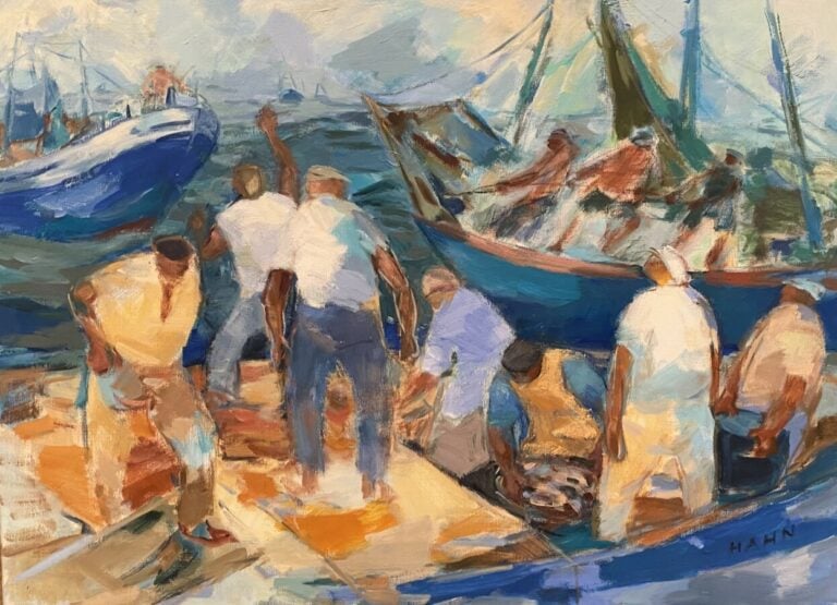 Les pêcheurs au port - Huile sur toile, signée en bas à droite, - 60 x 81 cm