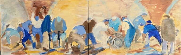 Les travailleurs - Diptyque, huiles sur toile - 38 x 61 cm (x 2)