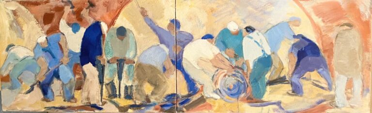 Les travailleurs - Diptyque, huiles sur toile - 38 x 61 cm(2)