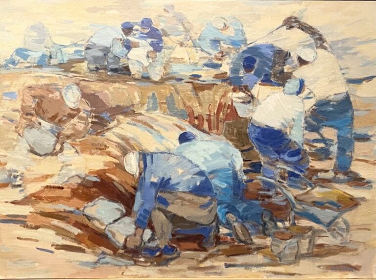 Les travailleurs - Huile sur toile , signée en bas à droite - 73 x 100 cm