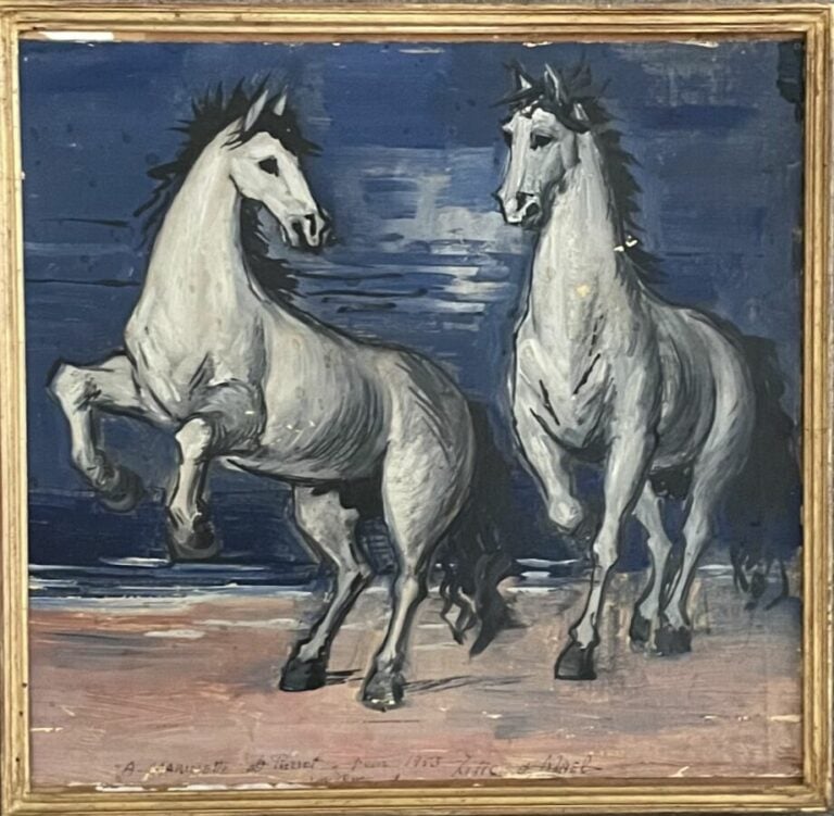 Lot comprenant : - Ecole XXème - Deux chevaux - Huile sur carton - 28.5 x 29.5…