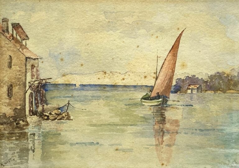 Lot comprenant une eau-forte en couleurs Bateau et deux aquarelles Bord de mer…