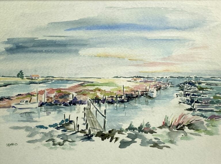 Lot comprenant une eau-forte en couleurs Bateau et deux aquarelles Bord de mer…