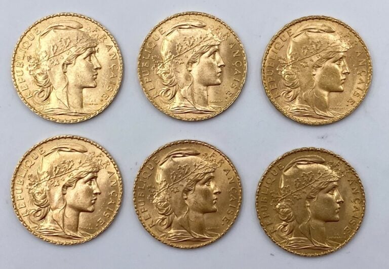 Lot de 6 Pièces de 20 Francs or : - 2 pièces de 20 Francs en or de type" Marian…