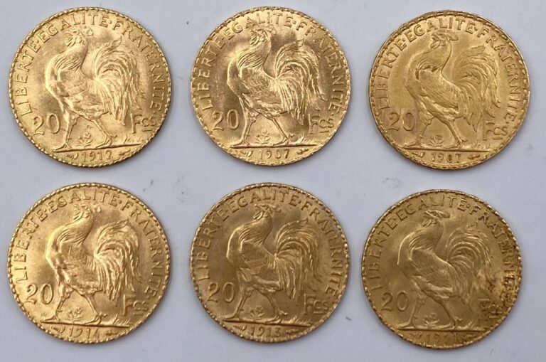 Lot de 6 Pièces de 20 Francs or : - 2 pièces de 20 Francs en or de type" Marian…
