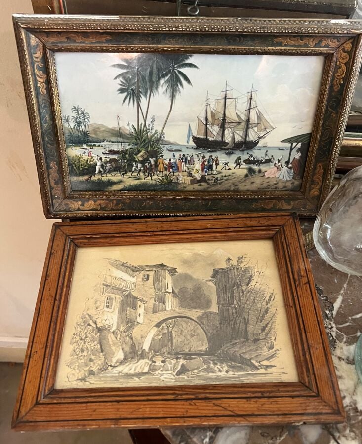 Lot de bibelots : flacon Guerlain, biscuit amour, dessin « pont » portant une s…