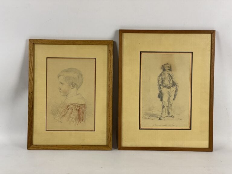 Lot de deux dessins encadrés sous verre: - Ecole du XIXe, portrait d'enfant de…