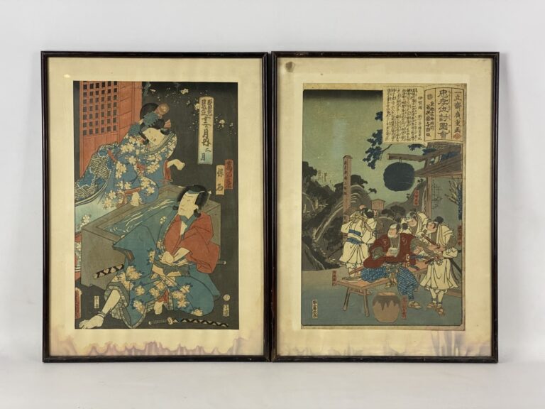 Lot de deux estampes japonaises figurant des acteurs de Kabuki et des geishas -…