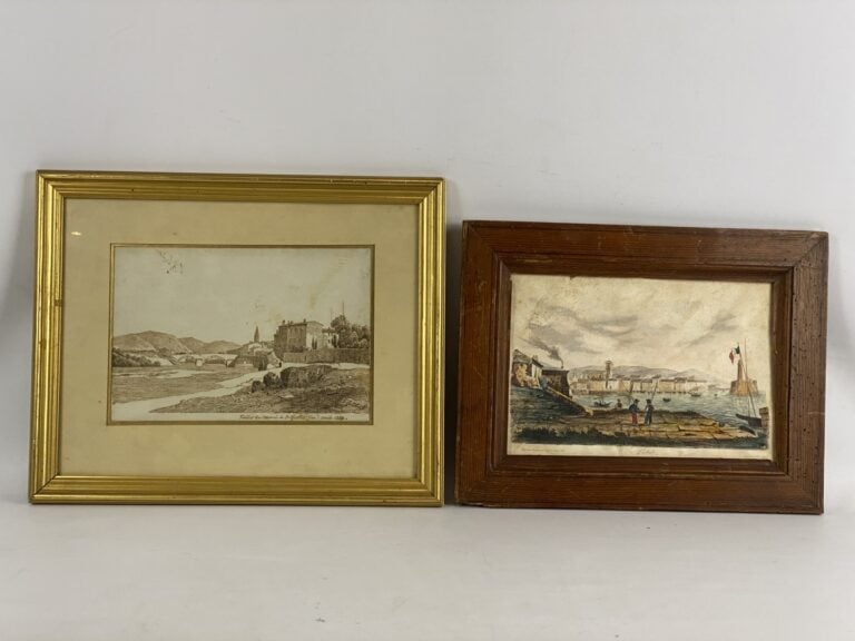 Lot de deux gravures en couleur sous verre : Vue prise du château et Vue prise…