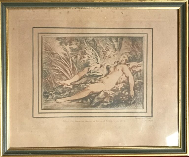 Lot de deux gravures encadrées d'après Boucher, Leda et Pomone - 21 x 25,5 cm à…