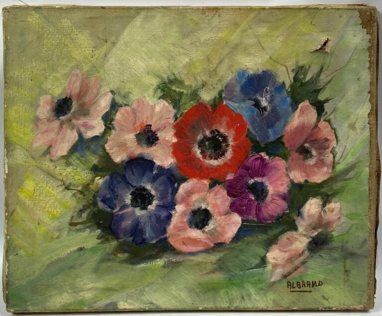 Lot de deux huiles sur toile Bouquet d'anémones - (trou) - 46 x 55 cm et 38 x 4…