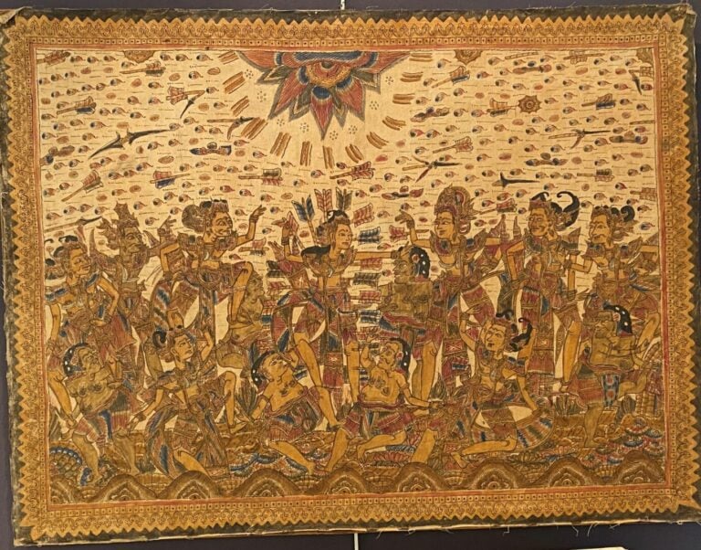 Lot de deux peintures sur tissu figurant une scène de procession et une scène a…
