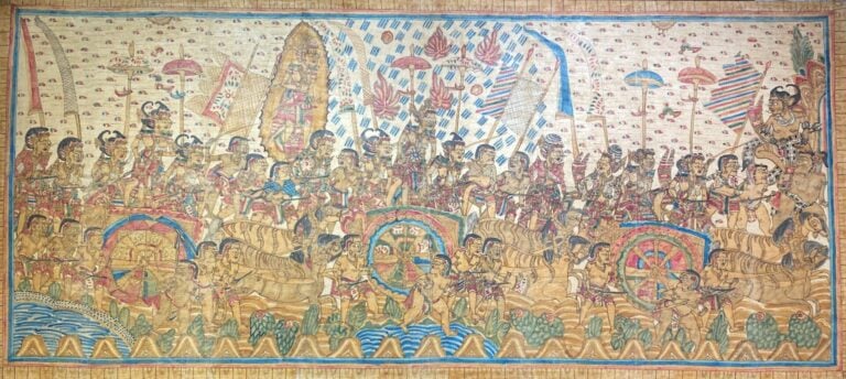 Lot de deux peintures sur tissu figurant une scène de procession et une scène a…