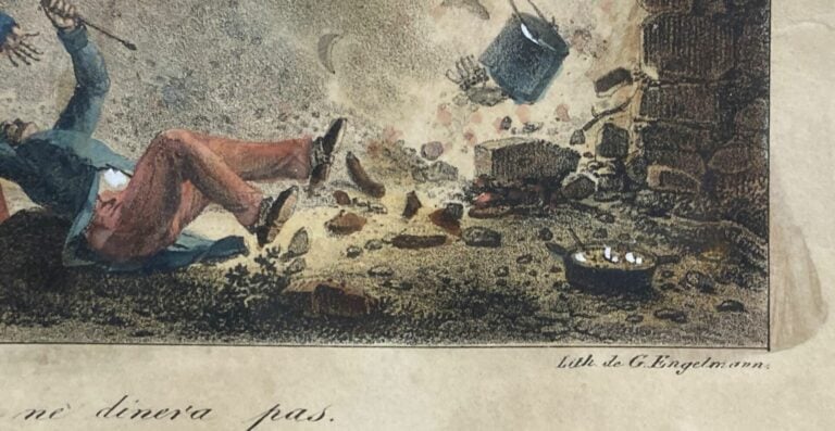 Lot de gravures dont certaines en couleur : Le captaine ne dînera pas, Vue de l…