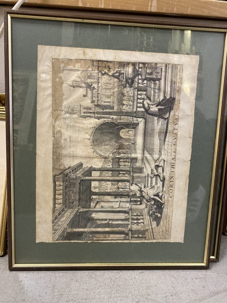 Lot de gravures dont trois par Vredeman de Vries, et petit lot d'huiles sur boi…