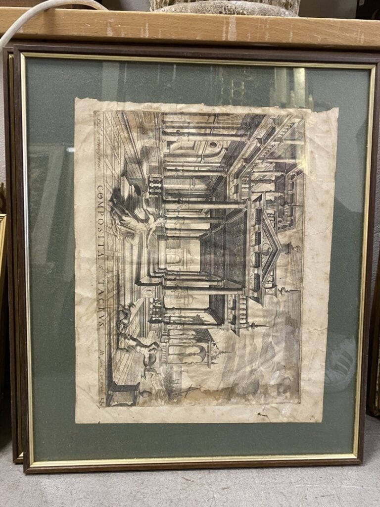 Lot de gravures dont trois par Vredeman de Vries, et petit lot d'huiles sur boi…