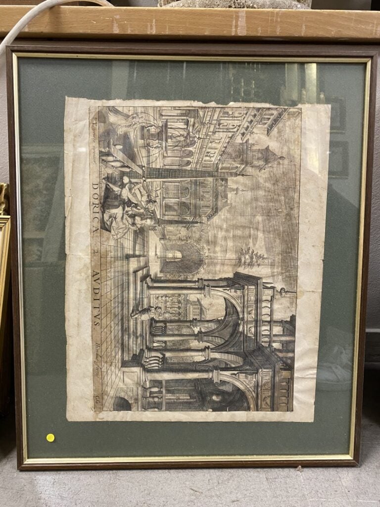 Lot de gravures dont trois par Vredeman de Vries, et petit lot d'huiles sur boi…