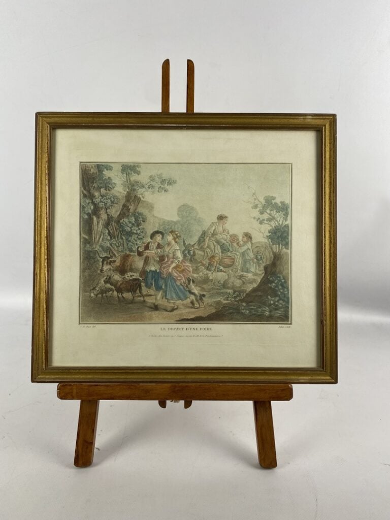 Lot de gravures et gravures en couleurs dont le Marchand de poissons, le Départ…