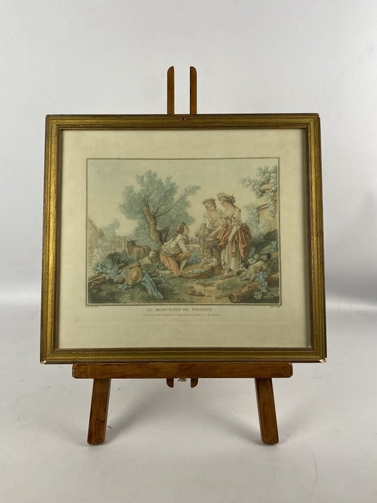 Lot de gravures et gravures en couleurs dont le Marchand de poissons, le Départ…