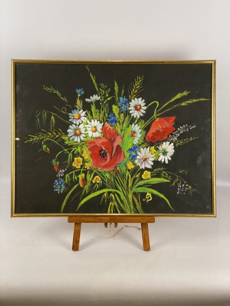 Lot de pièces encadrées comprenant un bouquet de fleurs huile sur toile (accide…