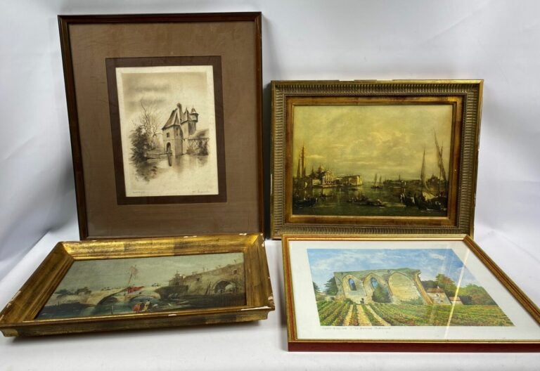Lot de pièces encadrées divers, gravures et reproductions