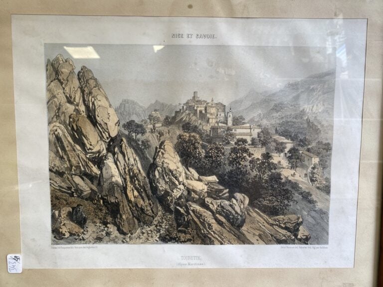 Lot de pièces encadrées, gravure hippique, deux illustrations Nice et Savoie, h…