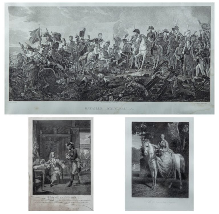 Lot de trois gravures avec leurs cadres comprenant - - Frédéric et Voltaire, d'…