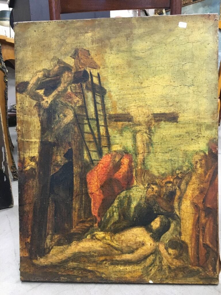 Lot de trois toiles, Portrait, Crucifixion, Baptême du Christ, un panneau style…