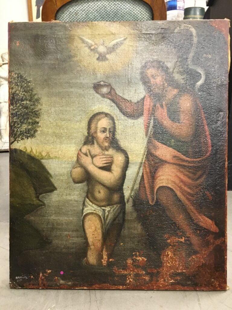 Lot de trois toiles, Portrait, Crucifixion, Baptême du Christ, un panneau style…