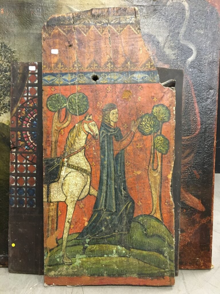 Lot de trois toiles, Portrait, Crucifixion, Baptême du Christ, un panneau style…