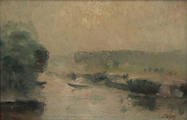 Louis Aimé JAPY (1840-1916). - Bords de la Seine dans le brouillard - Huile sur…