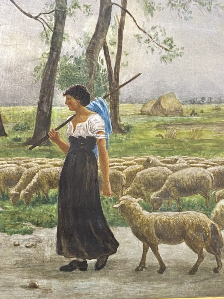 MALLE - Bergère aux moutons - Peinture sur porcelaine - 27 x 40 cm