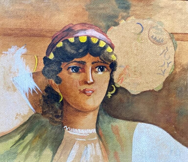Mannette de pièces encadrées comprenant un portrait de femme, un bouquet de fle…