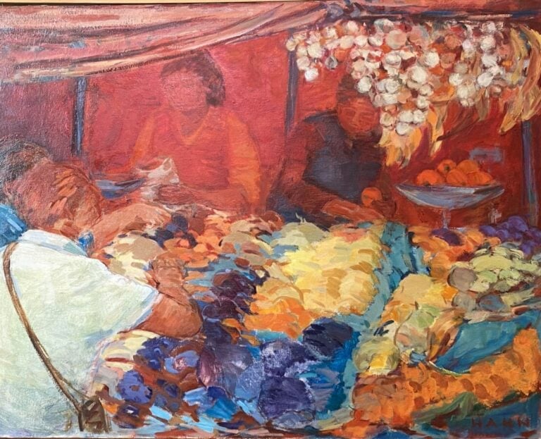 Marché à Merano - Huile sur toile, signée en bas à droite, titrée au dos - 73 x…