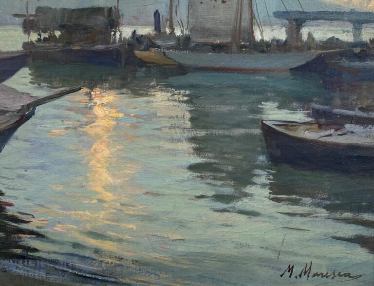 Mario MARESCA (né en 1877) - Coucher de soleil sur le port - Huile sur toile -…