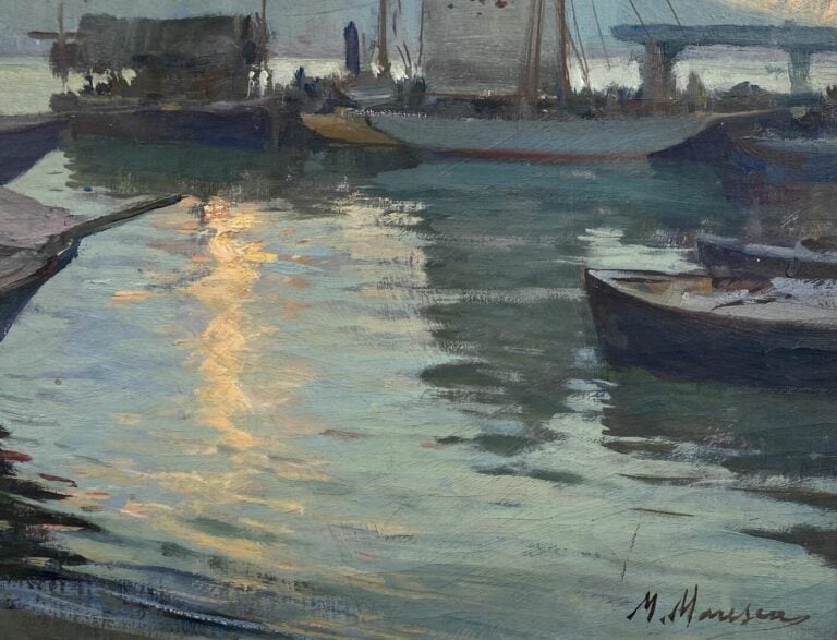Mario MARESCA (né en 1877) - Coucher de soleil sur le port - Huile sur toile -…