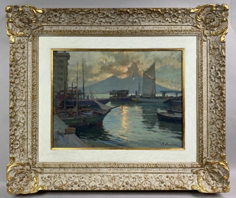 Mario MARESCA (né en 1877) - Coucher de soleil sur le port - Huile sur toile -…