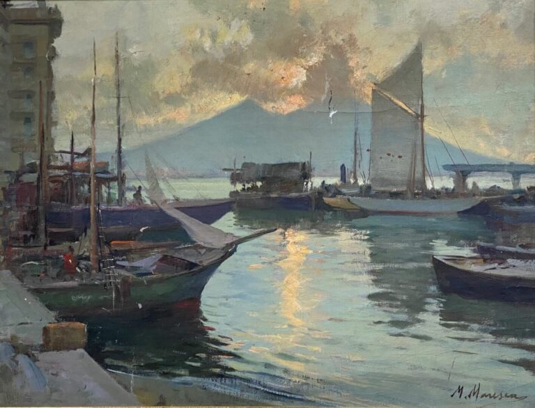 Mario MARESCA (né en 1877) - Coucher de soleil sur le port - Huile sur toile -…