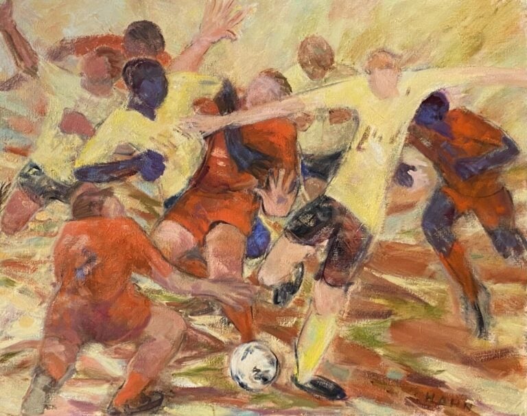 Match de foot - Huile sur toile, signée en bas à droite