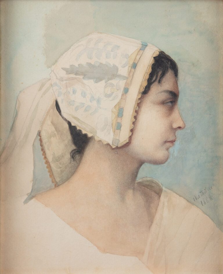 Mathilde Napoléon (1820-1904). - Femme de profil à la coiffe de dentelle - Dess…