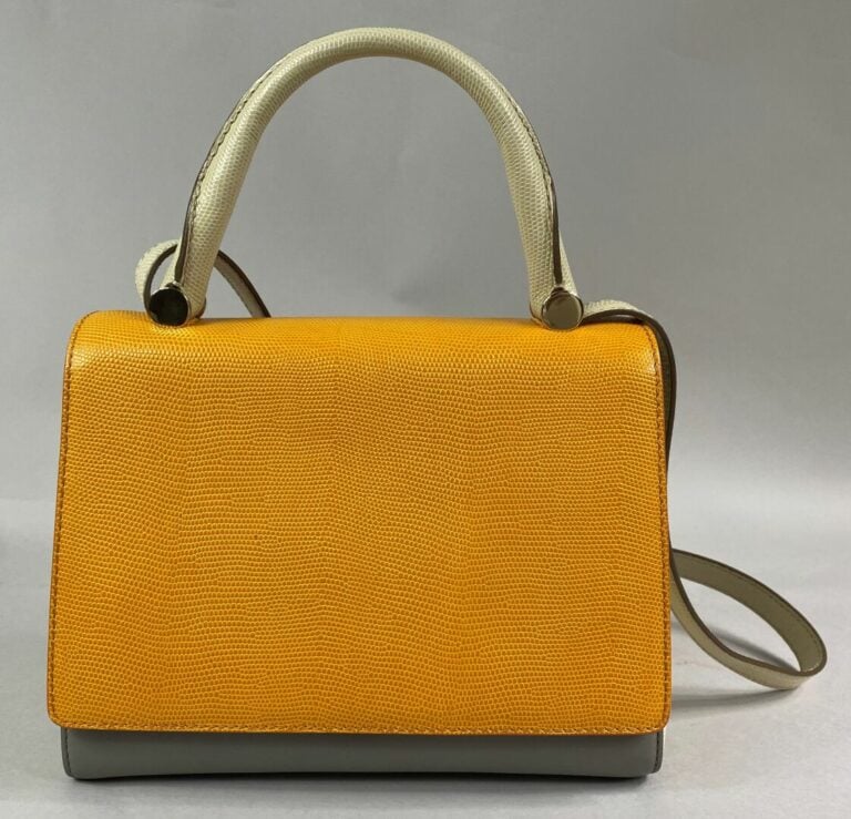 Max MARA - Sac en cuir grainé et lisse gris, jaune et beige, anse porté main et…
