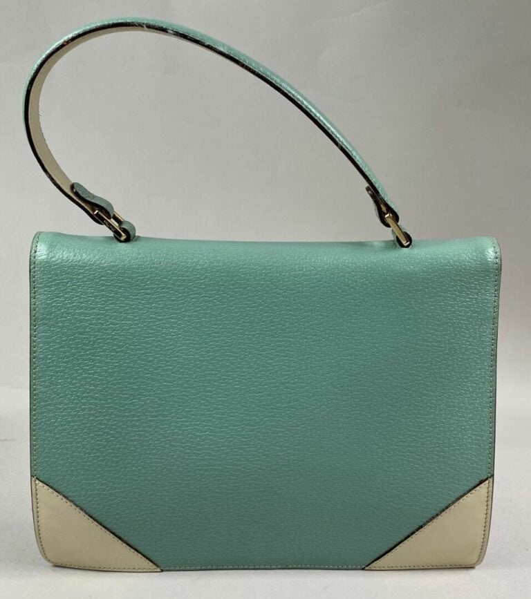 Max MARA - Sac porté main en cuir grainé vert amande et cuir lisse beige, intér…