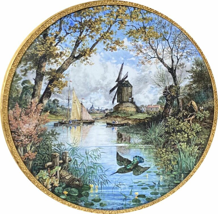 Michel BOUQUET (1807-1890) - Paysage au moulin - Céramique circulaire - Diamètr…